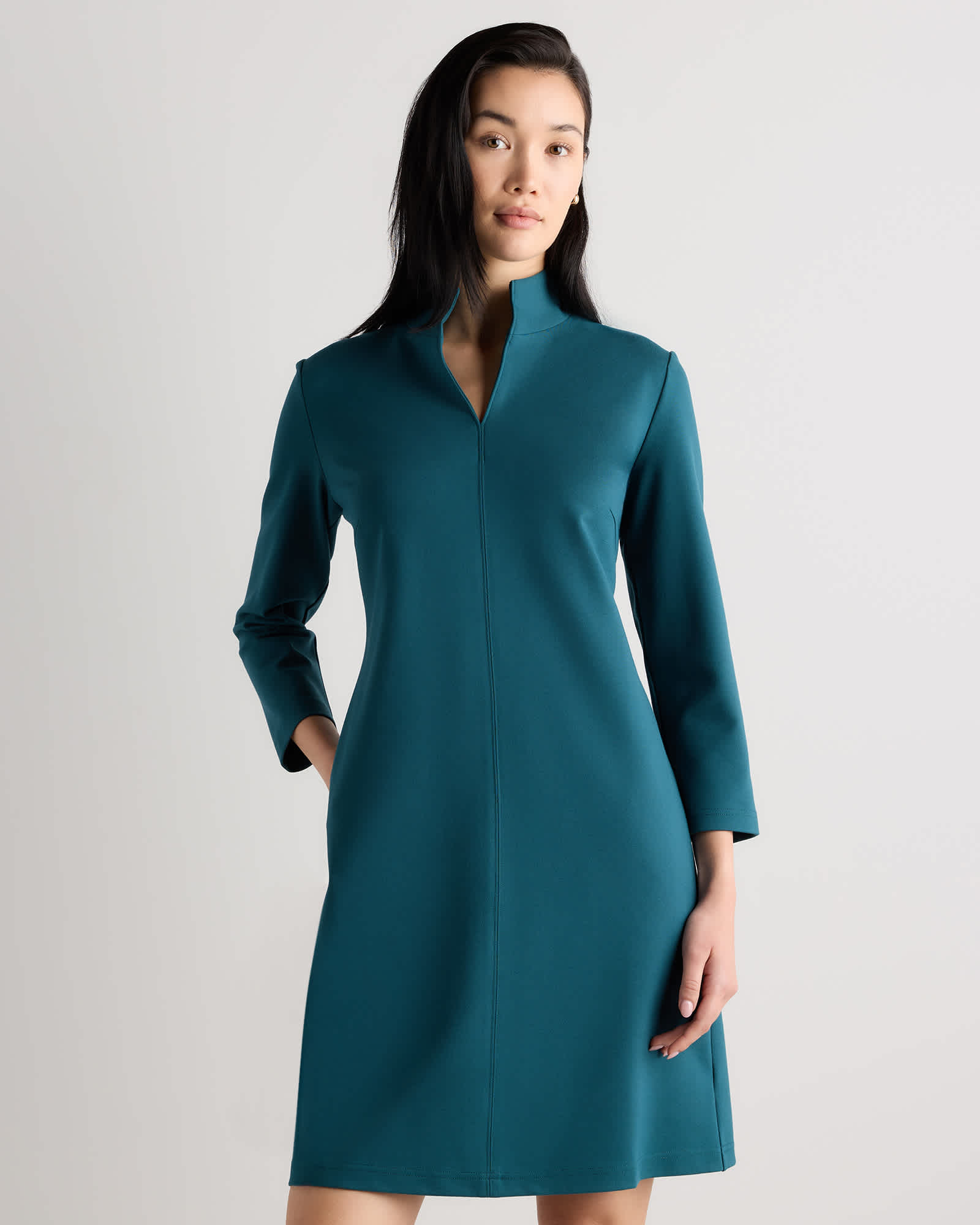 ocean-green Ultra-Stretch Ponte Split Neck Mini Dress