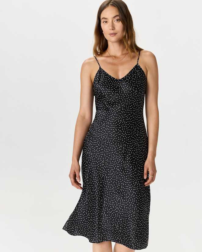Tiny Dot Black/ White 100% Washable Silk Slip Dress