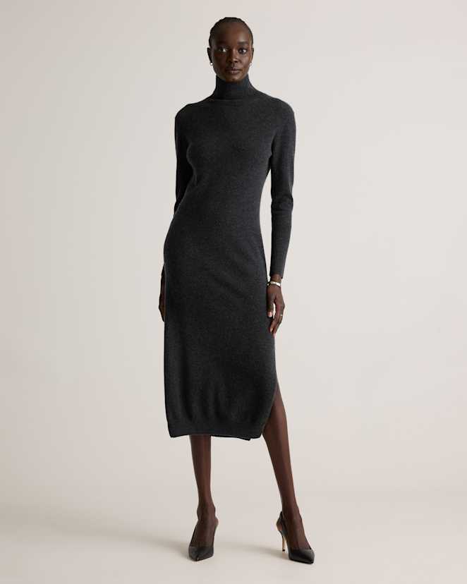 Charcoal Mongolian Cashmere Turtleneck Midi Sweater Dress