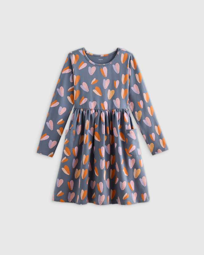 Multi Hearts Organic Cotton Long Sleeve Fit and Flare Pocket Dress