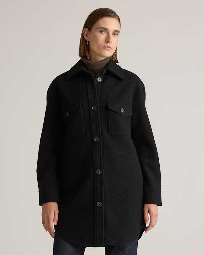 Black 100% Merino Wool Long Shirt Jacket