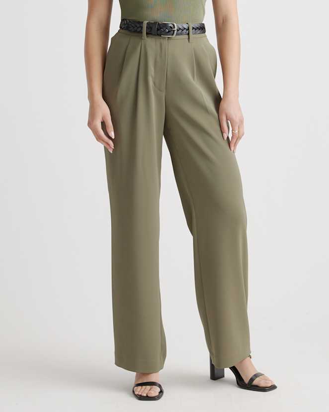 Olive Stretch Crepe Pleated Wide Leg Pants
