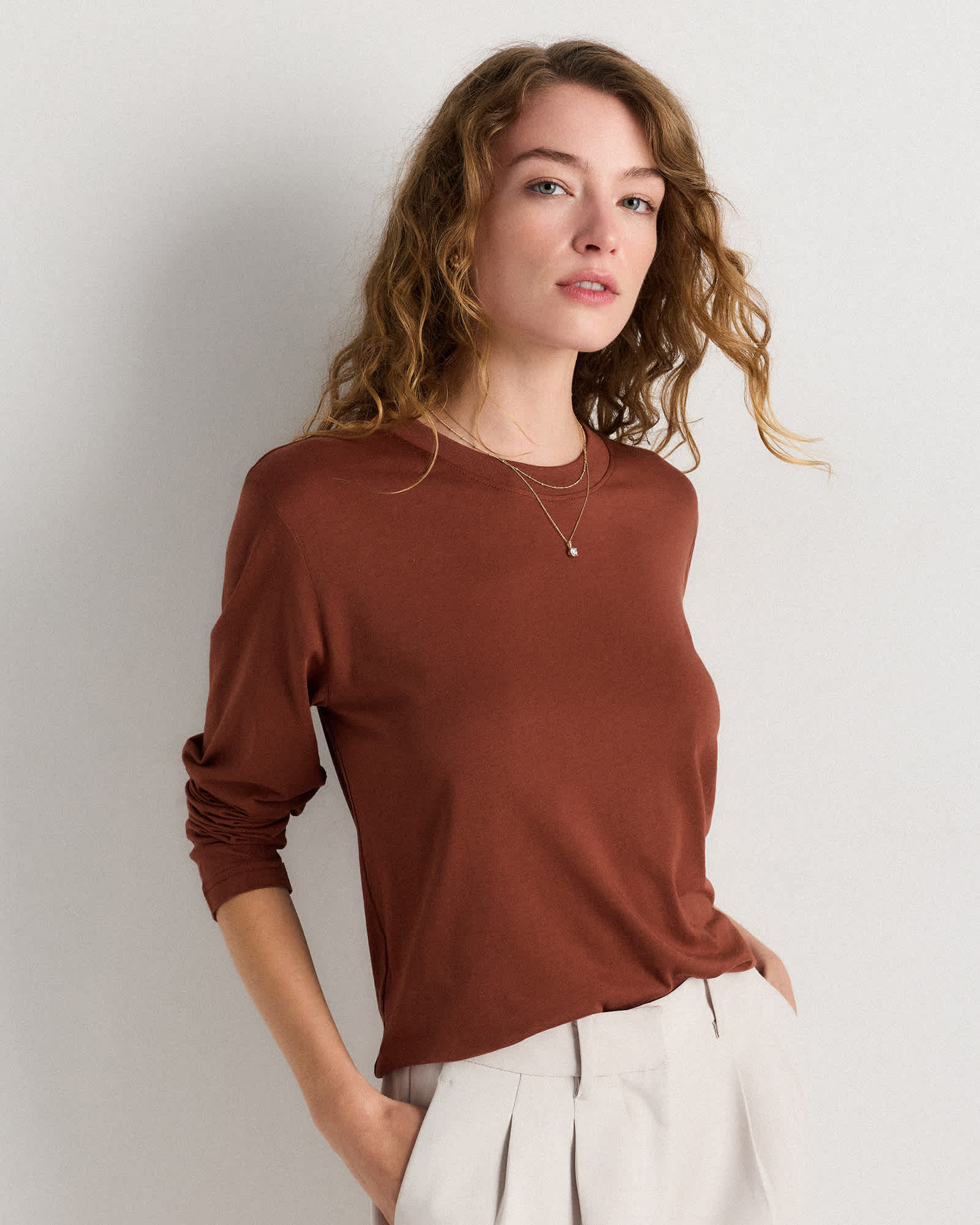 Redwood Brown Cotton Modal Relaxed Long Sleeve Tee