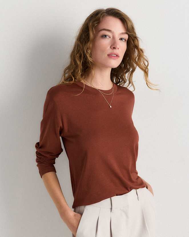 Redwood Brown Cotton Modal Relaxed Long Sleeve Tee