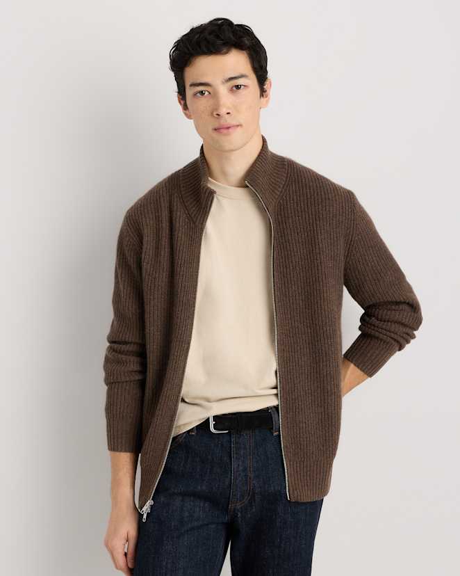 Brown Mongolian Cashmere Fisherman Full Zip Sweater