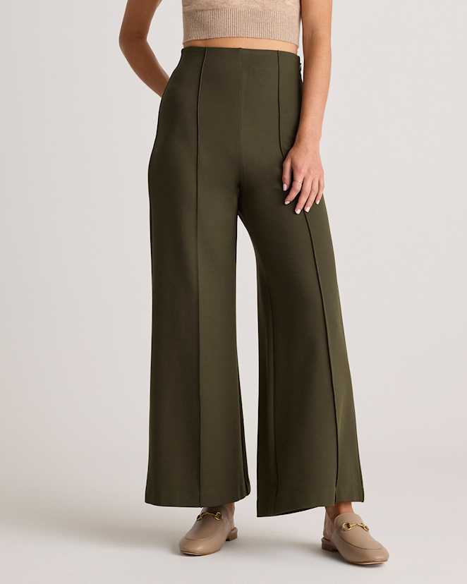 Olive Ultra-Stretch Ponte Super Wide Leg Ankle Pants