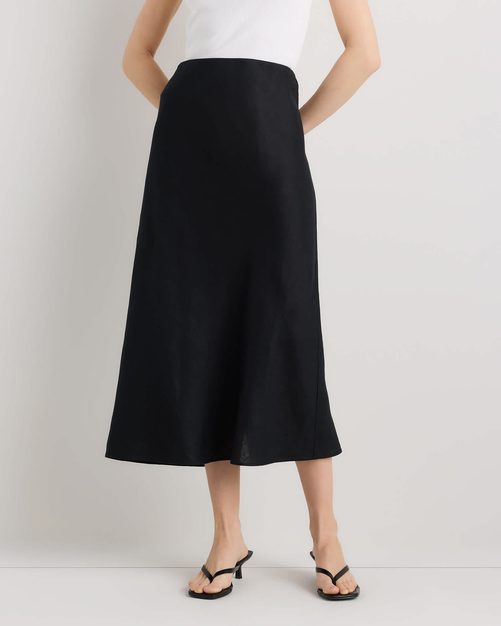 Black 100% European Linen Midi Slip Skirt
