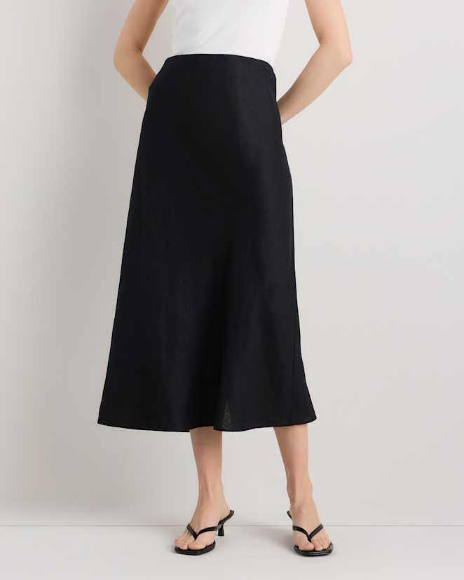 Black 100% European Linen Midi Slip Skirt