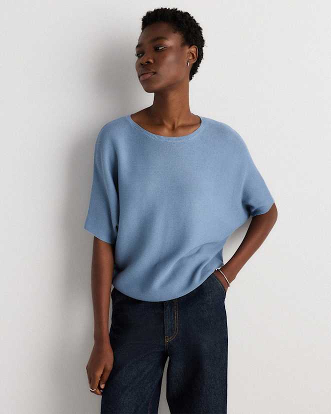 Mountain Spring Blue Lightweight Cotton Cashmere Link-Stitch Dolman Sweater