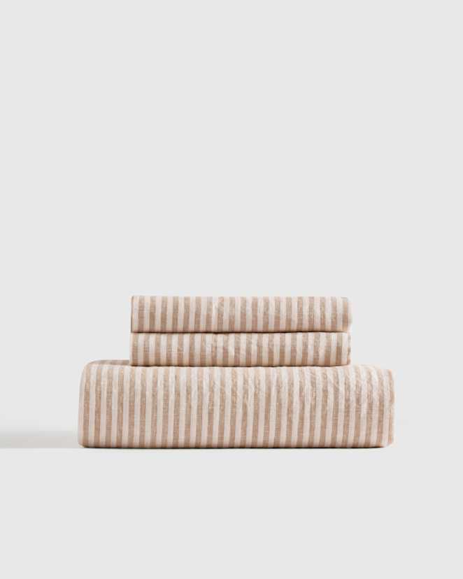 Latte/White Stripe European Linen Fitted Sheet Set