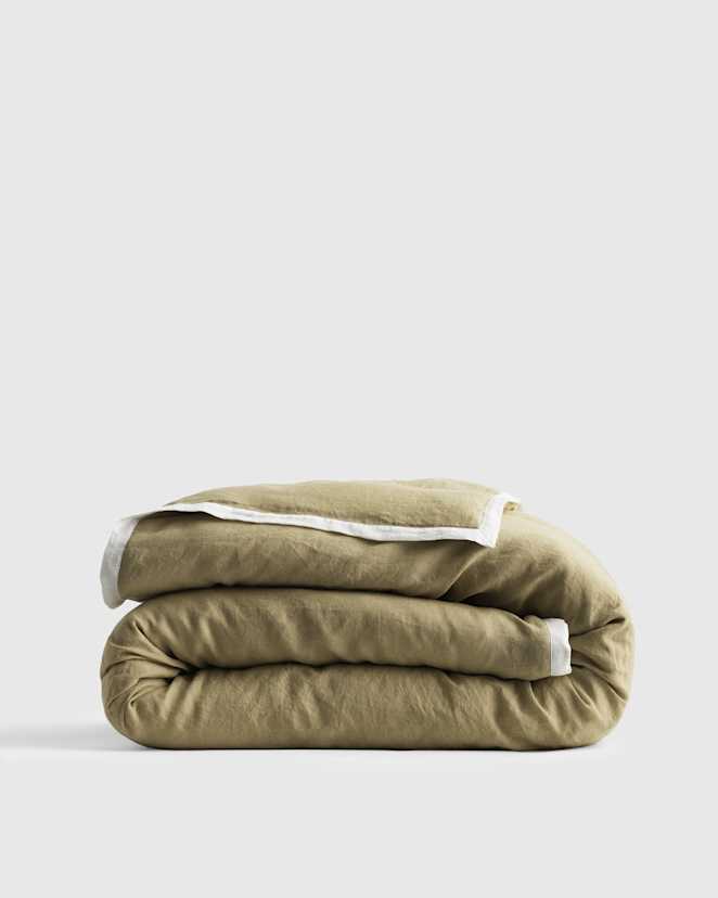 Aloe/Sand European Linen Contrast Flange Duvet Cover