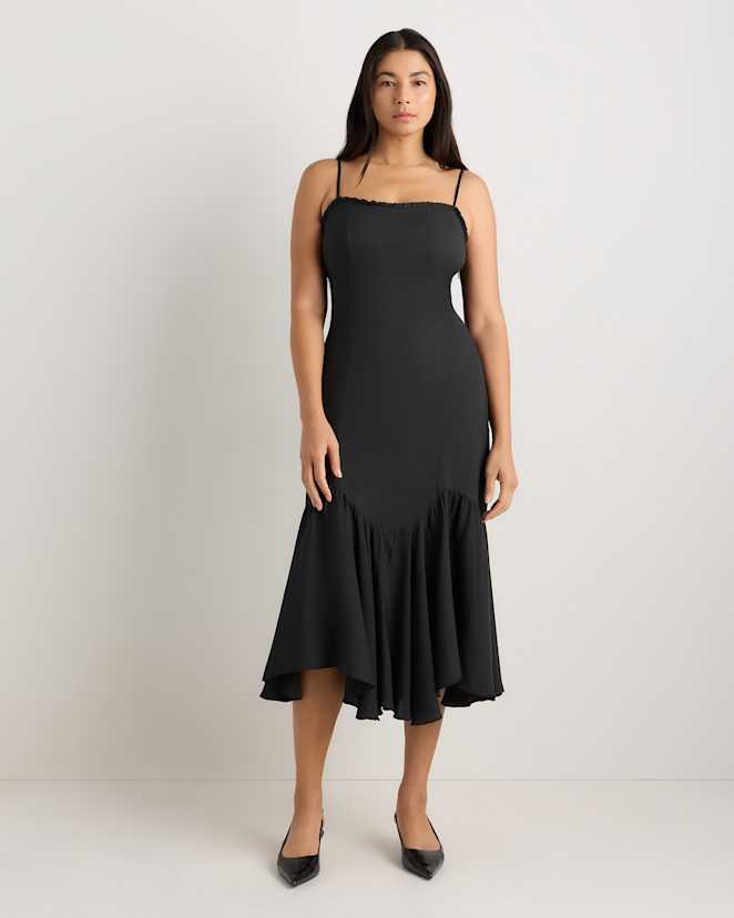 True Black Lightweight Crepe Pleated Hem Midi Dress