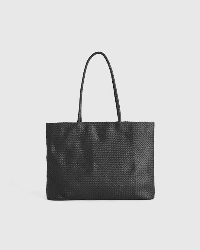 Black Italian Leather Small Handwoven Tote