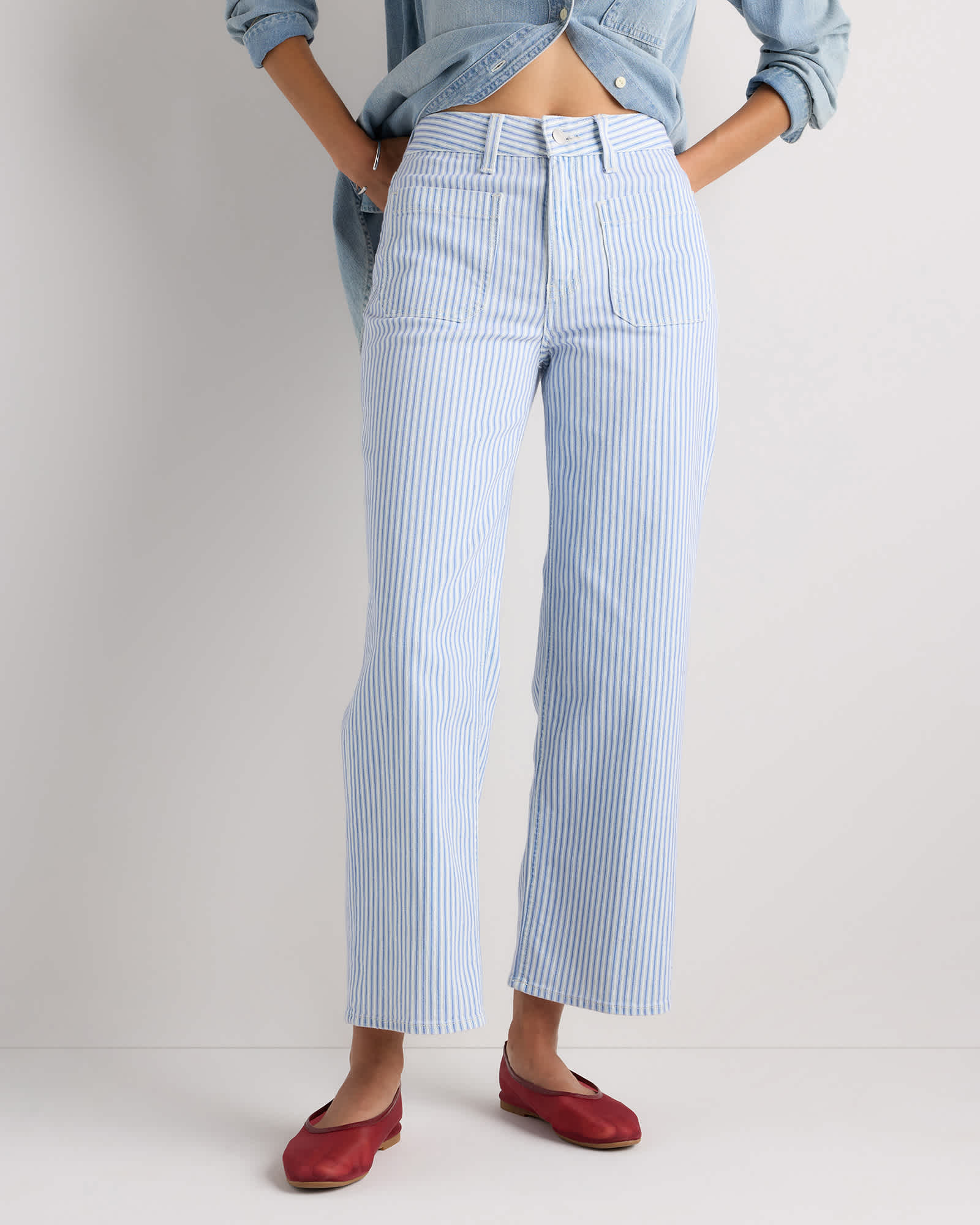 Blue Railroad Stripe Bella Stretch Patch Pocket Wide Leg Jeans