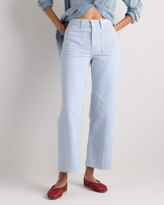 Blue Railroad Stripe Bella Stretch Patch Pocket Wide Leg Jeans