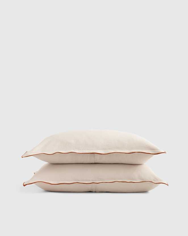 Sand with Terracotta Embroidery European Linen Double Embroidered Edge Sham Set