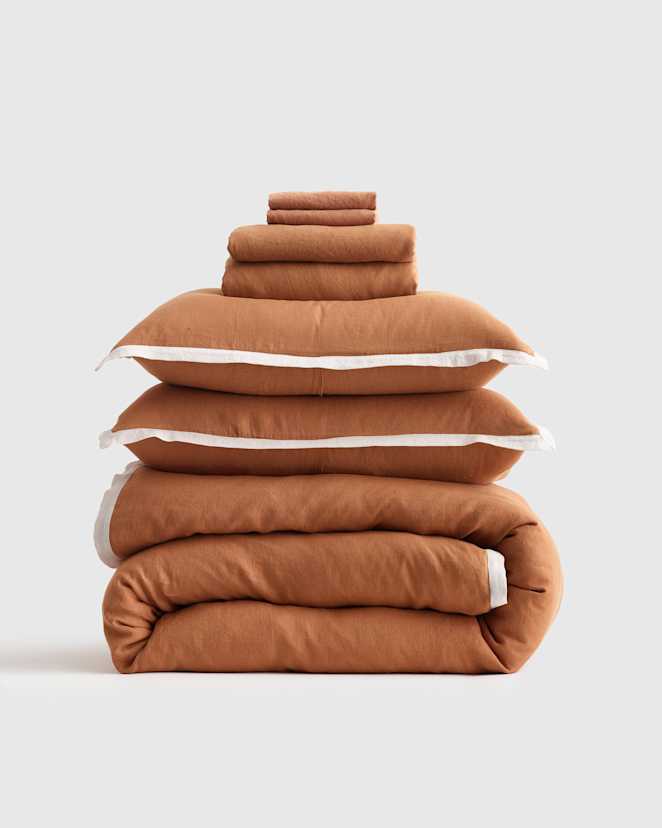 Terracotta/Sand European Linen Contrast Flange Deluxe Bedding Bundle