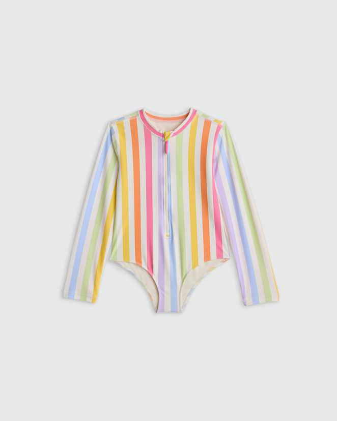 Rainbow Stripe Long Sleeve Zip-Up Swimsuit