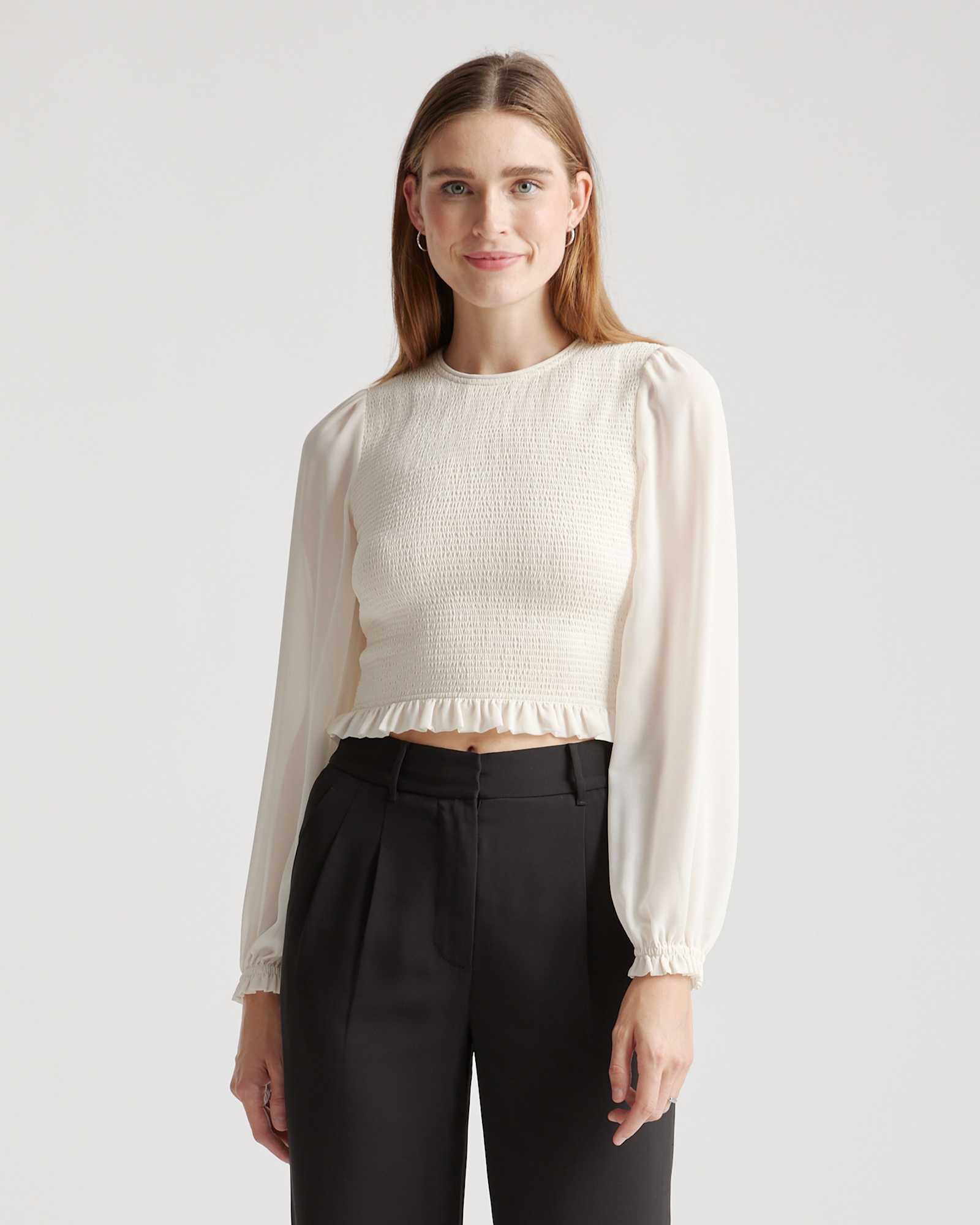 Ivory Chiffon Cropped Smocked Blouse