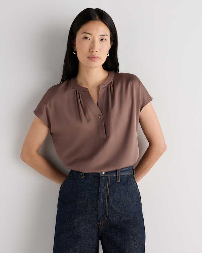 Mink Taupe Washable Stretch Silk Dolman Sleeve Blouse