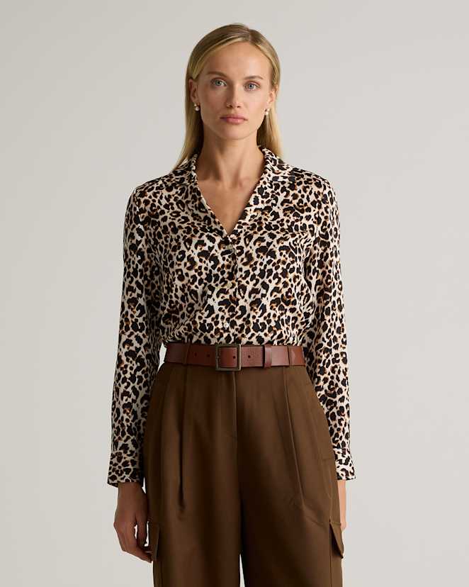 Leopard Washable Stretch Silk Notch Collar Blouse
