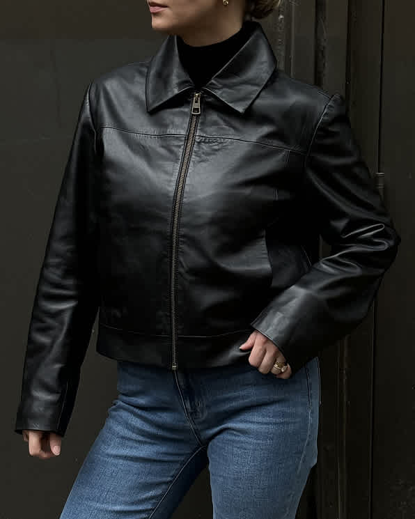 True Black 100% Leather Cropped Zip-Front Jacket
