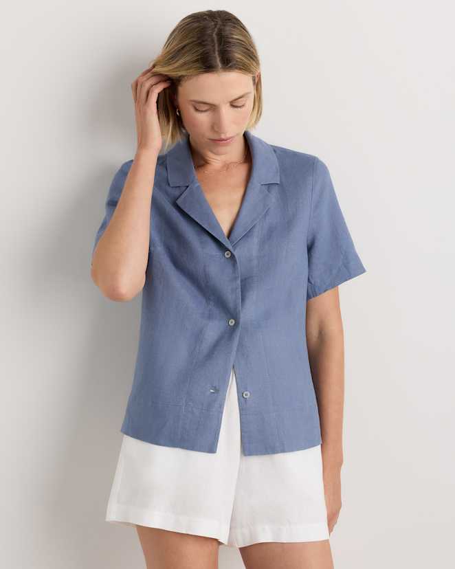 Moonstone Blue 100% European Linen Short Sleeve Shirt
