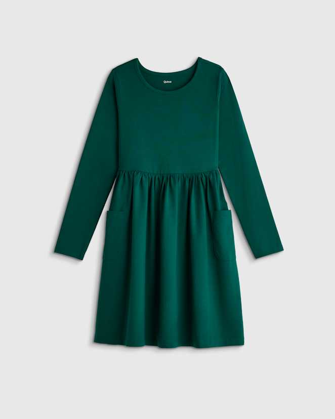 Forest Green Organic Cotton Long Sleeve Fit and Flare Pocket Dress