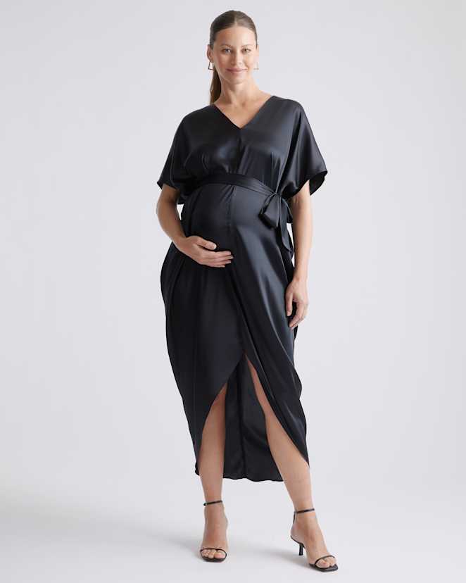 W--74-BLK 0619 Black 100% Washable Silk Maternity Dress