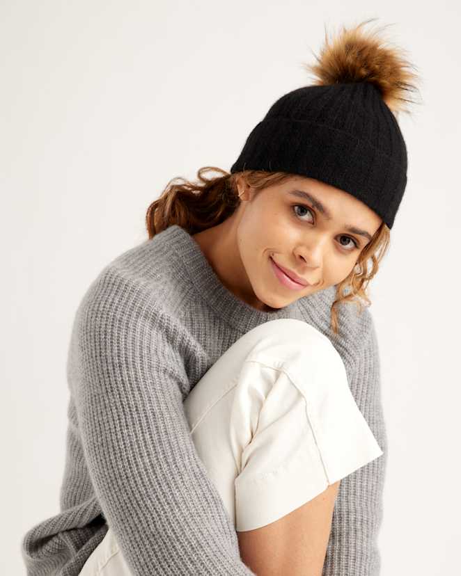 Black Mongolian Cashmere Pom Pom Beanie
