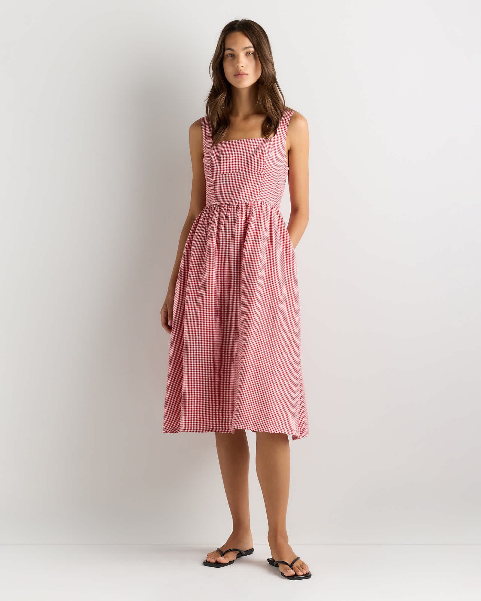 Red Classic Mini Gingham 100% European Linen Fit & Flare Midi Dress