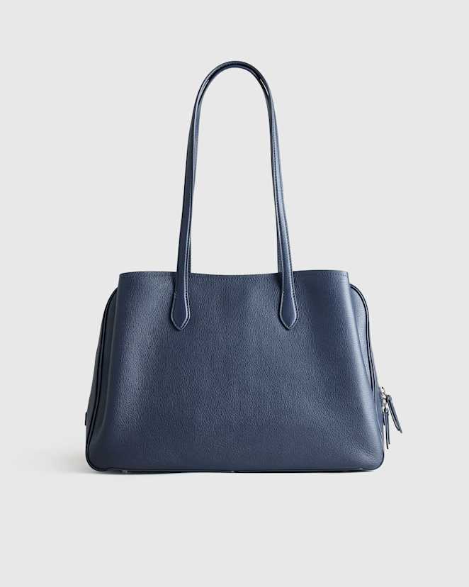 Deep Navy Italian Leather Triple Compartment Work Tote