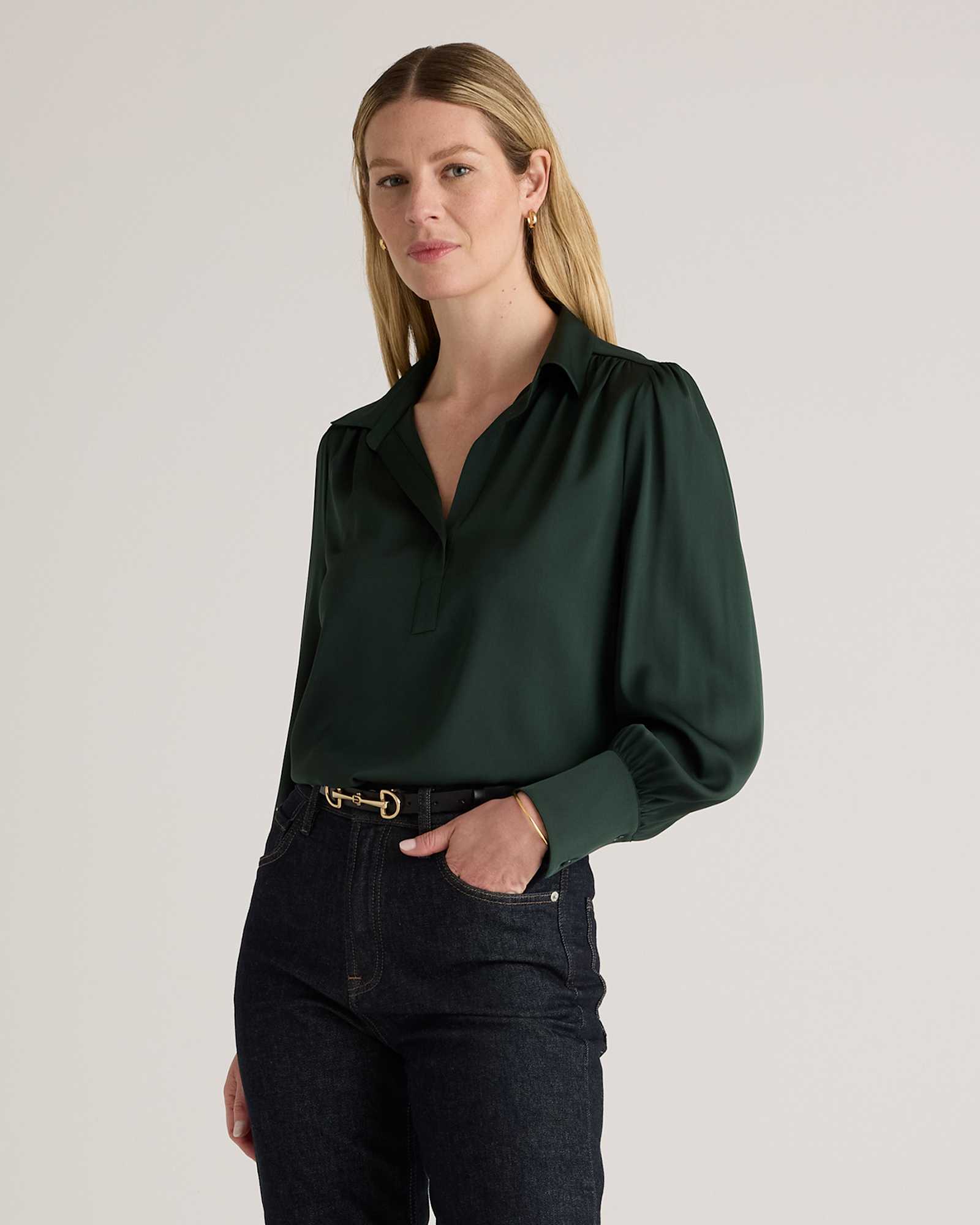 forest-green Washable Stretch Silk Split Neck Blouse