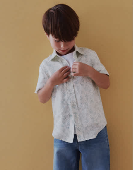 Blue Mini Floral 100% European Linen Printed Short Sleeve Shirt