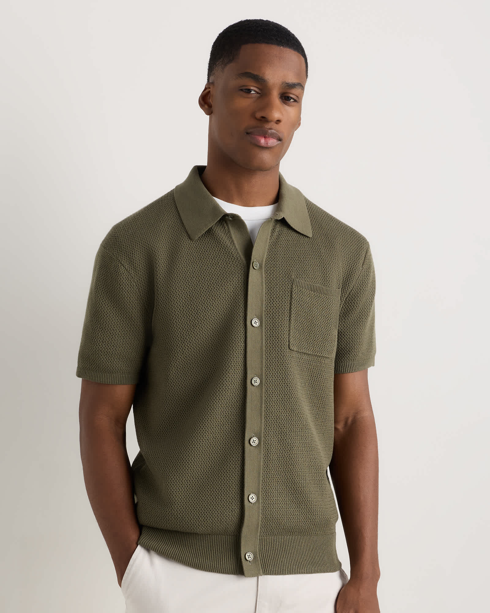 bayberry-olive 100% Organic Cotton Mesh-Stitch Button-Up Sweater Polo