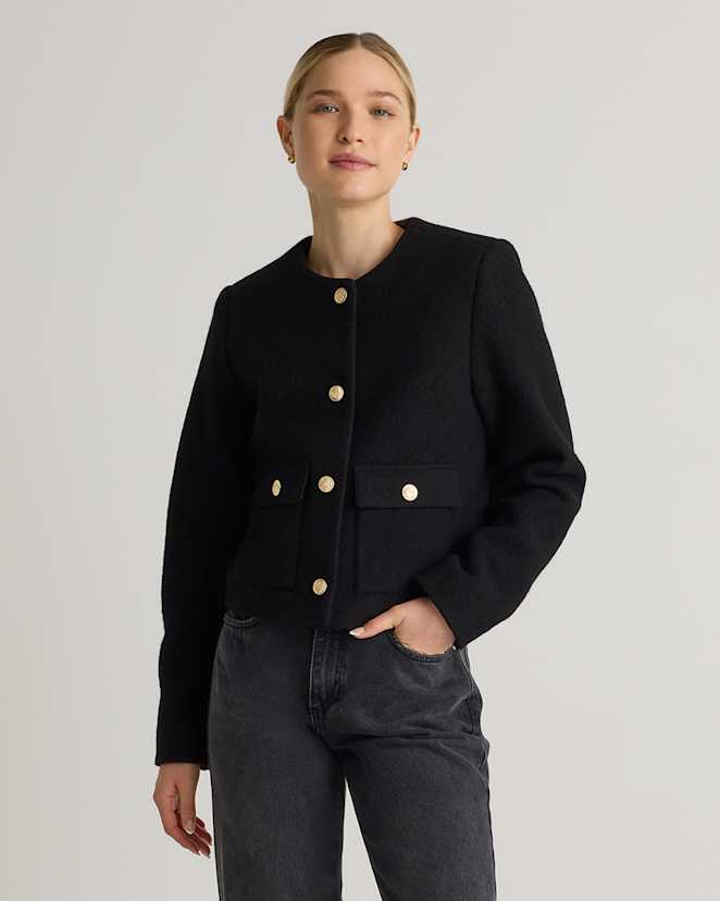Black 100% Merino Wool Collarless Cropped Jacket