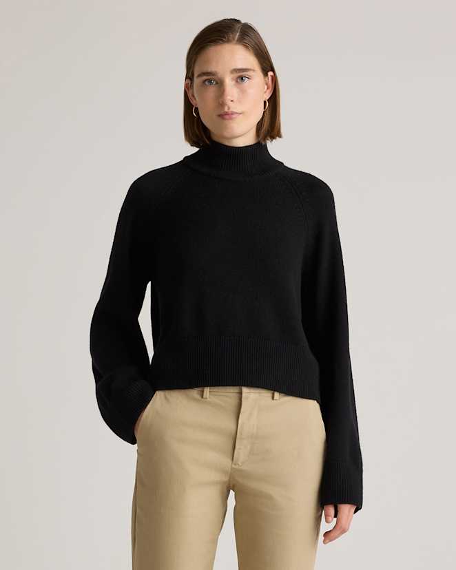 Black Australian Merino Wool Cropped Mock Neck Sweater
