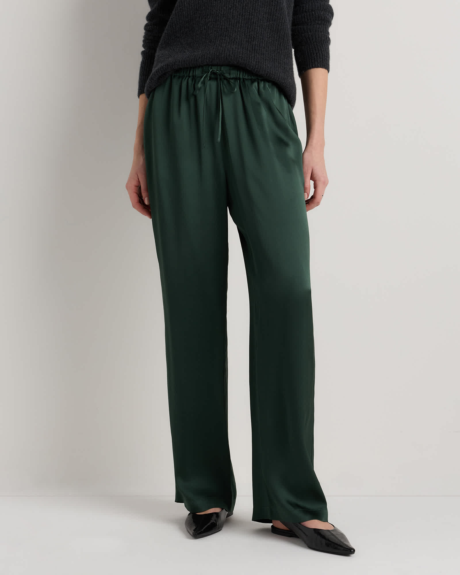 Forest Green 100% Washable Silk Drawstring Wide Leg Pants
