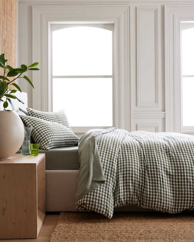 Olive European Linen Gingham Duvet Cover