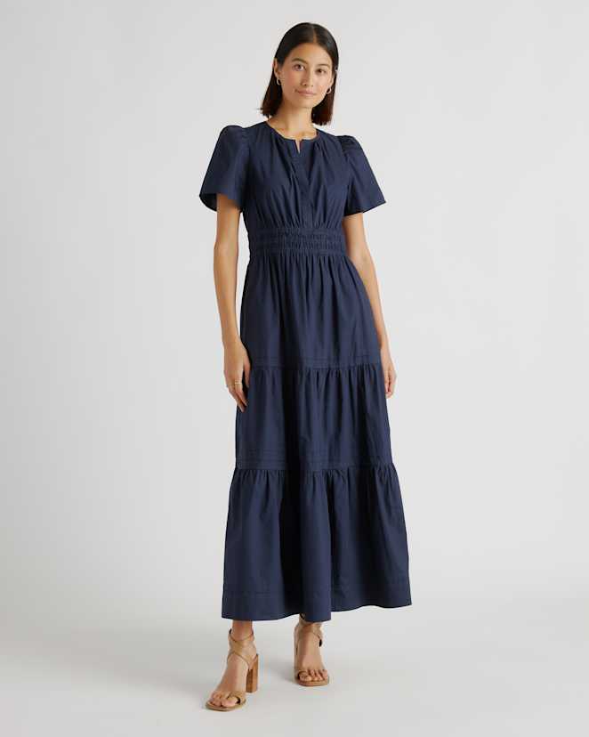 Navy 100% Organic Cotton Poplin Tiered Maxi Dress
