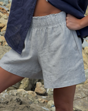 100- European Linen High Waisted Shorts Navy IH 4x5