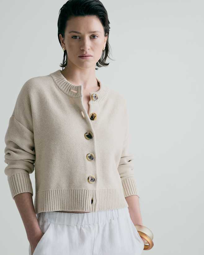 W-SWT-28-SPKBGE-793 EDITED Speckled Beige 100% Organic Cotton Cropped Cardigan