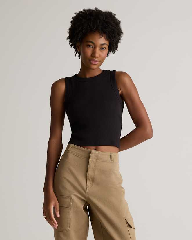 Black Organic Cotton Micro-Rib Cropped Cutaway Tank