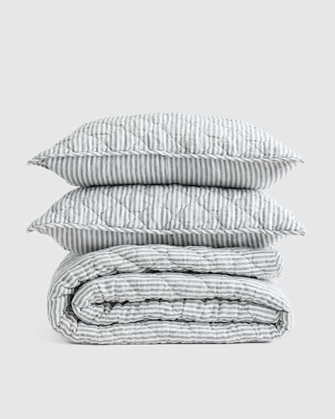 Grey/White Stripe European Linen Stripe Quilt Set