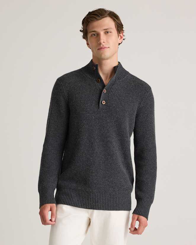Heather Charcoal Mongolian Cashmere Waffle Quarter Button Sweater