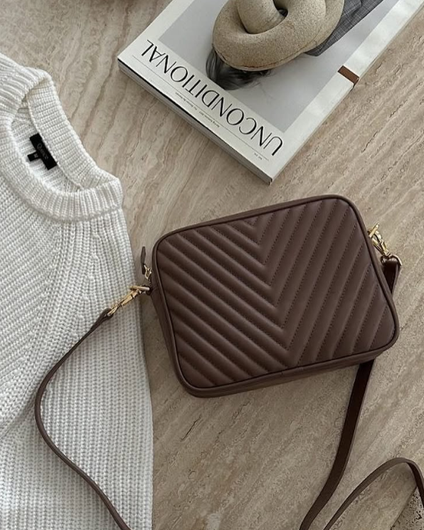 Dark Taupe Italian Leather Quilted Crossbody Bag