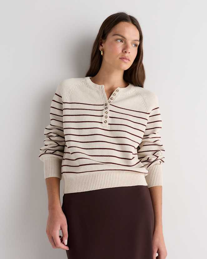 Speckled Beige / Bitter Chocolate Stripe 100% Organic Cotton Striped Henley Sweater