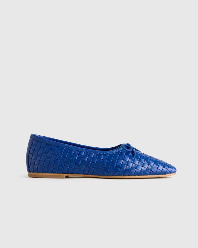 Electric Blue Italian Leather Handwoven Square Toe Ballet Flat