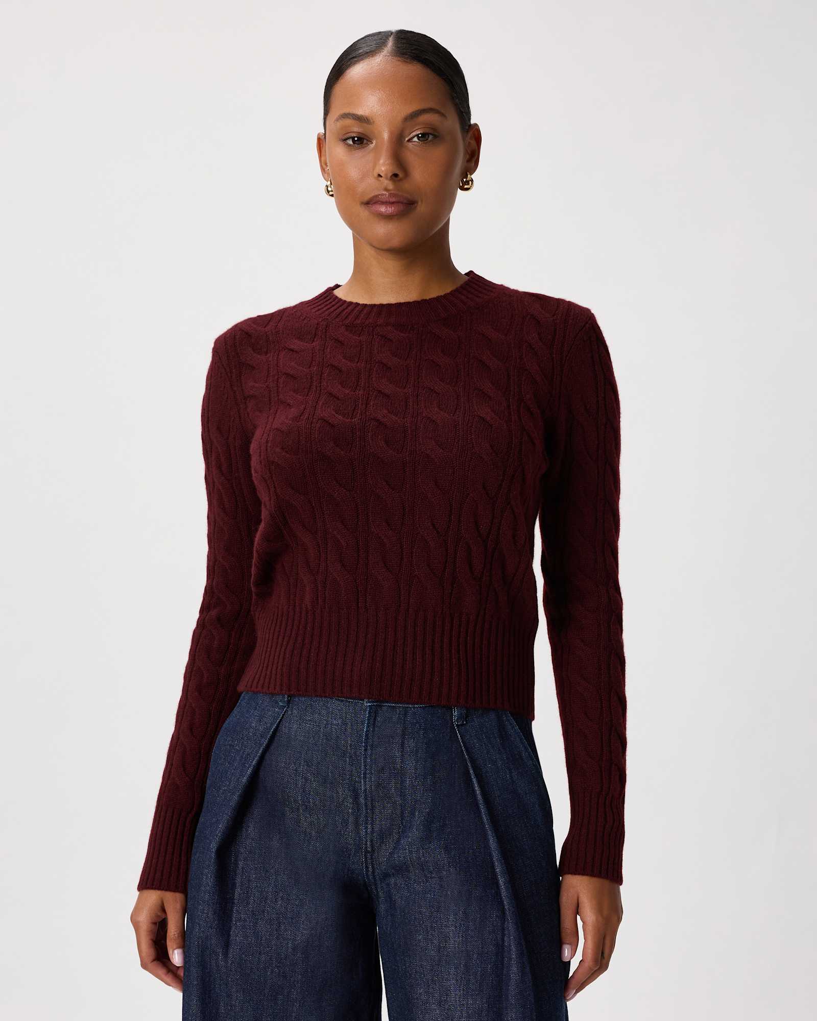 Rich Burgundy Mongolian Cashmere Shrunken Cable Crewneck Sweater
