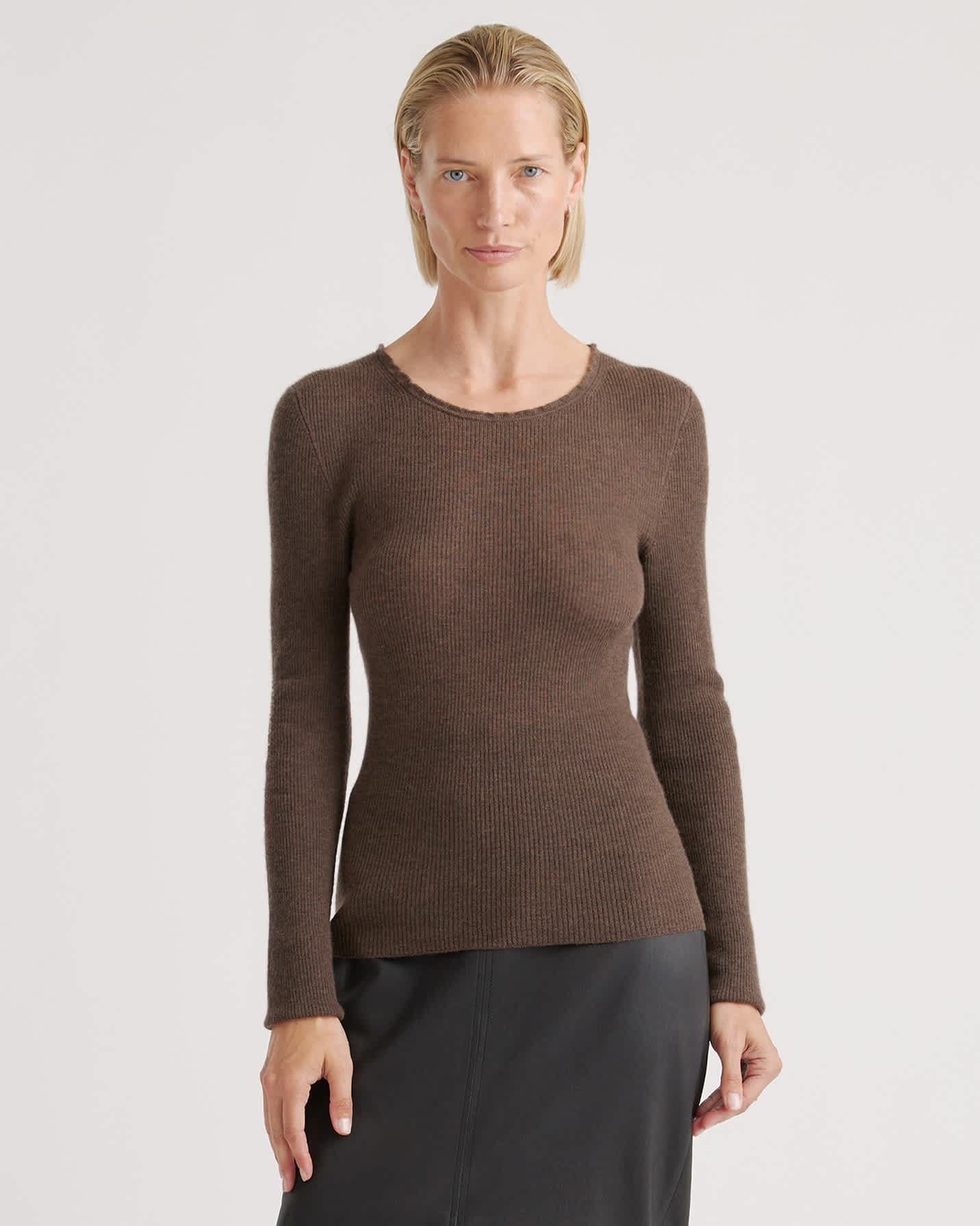 Brown Featherweight Cashmere Ribbed Crewneck Sweater